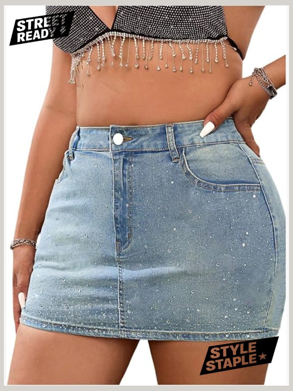 Plus Size Rhinestone Glitter Denim Mini Skirt with Pockets High Waist - Picture 1 of 5